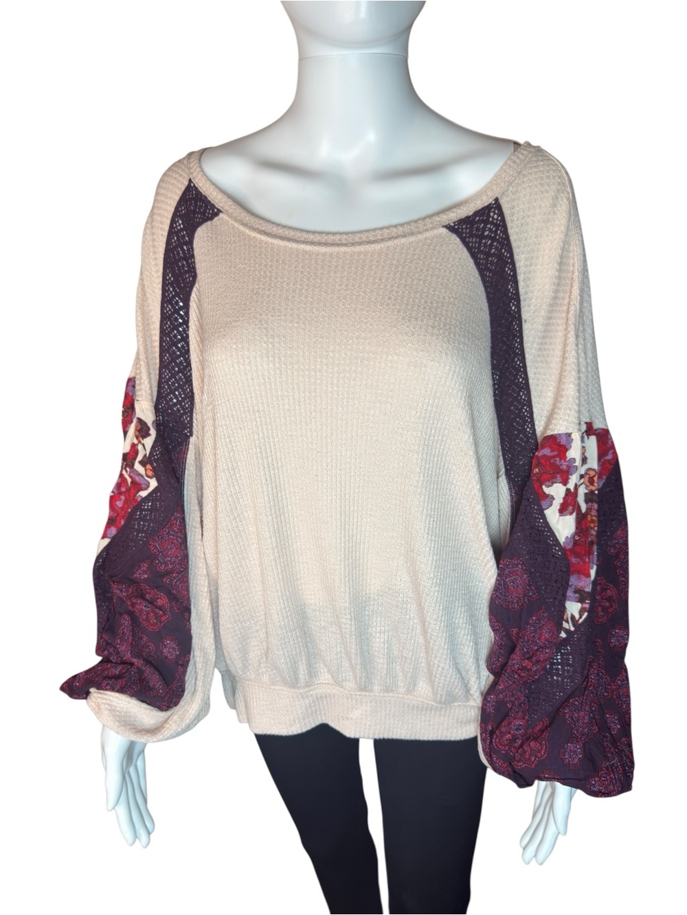 Free People Casual Clash Balloon Sleeve Thermal Waffle Knit Long Sleeve Top L
